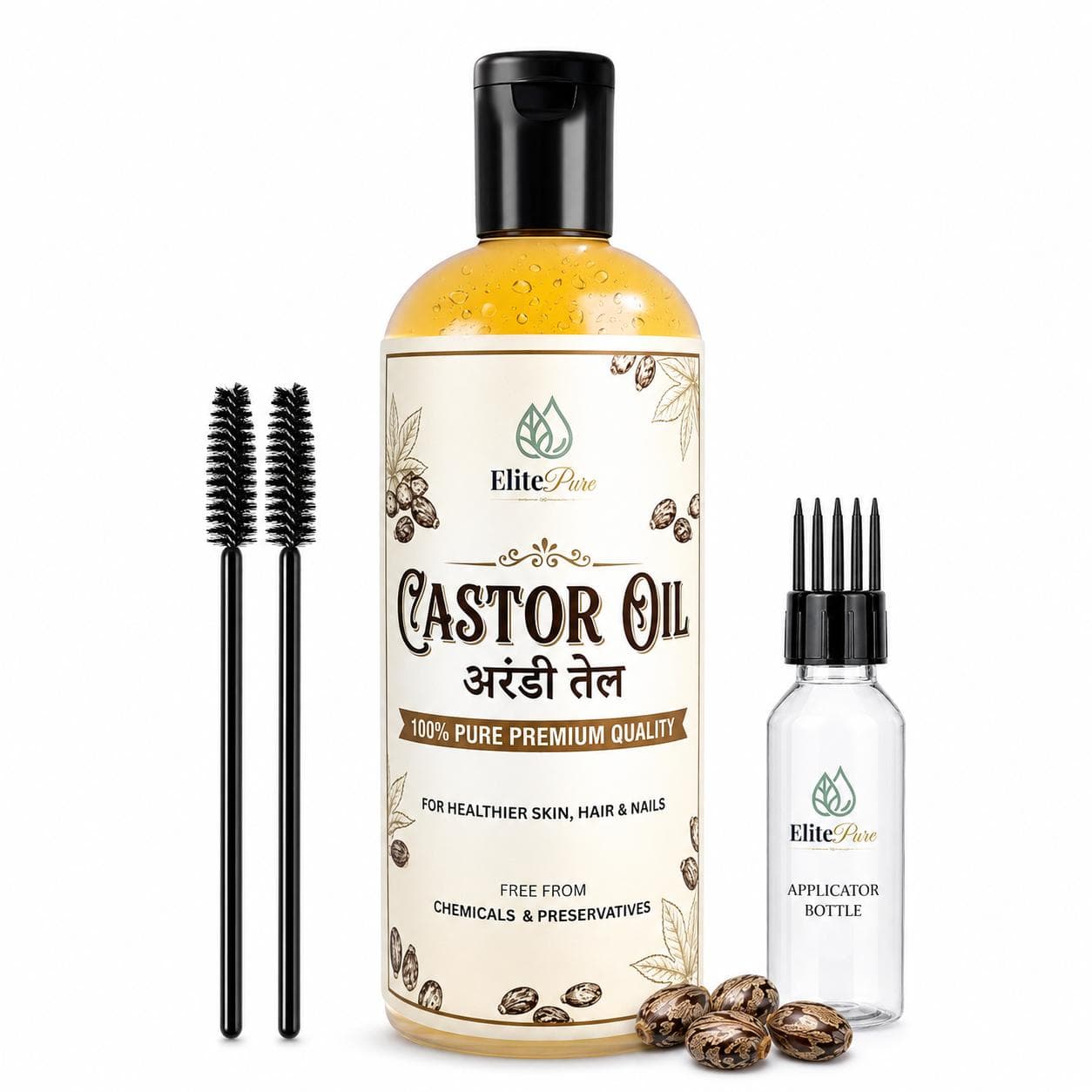 ElitePure Complete Hair, Brows & Lash Growth Kit — castor oil, applicator bottle and growth spoolies